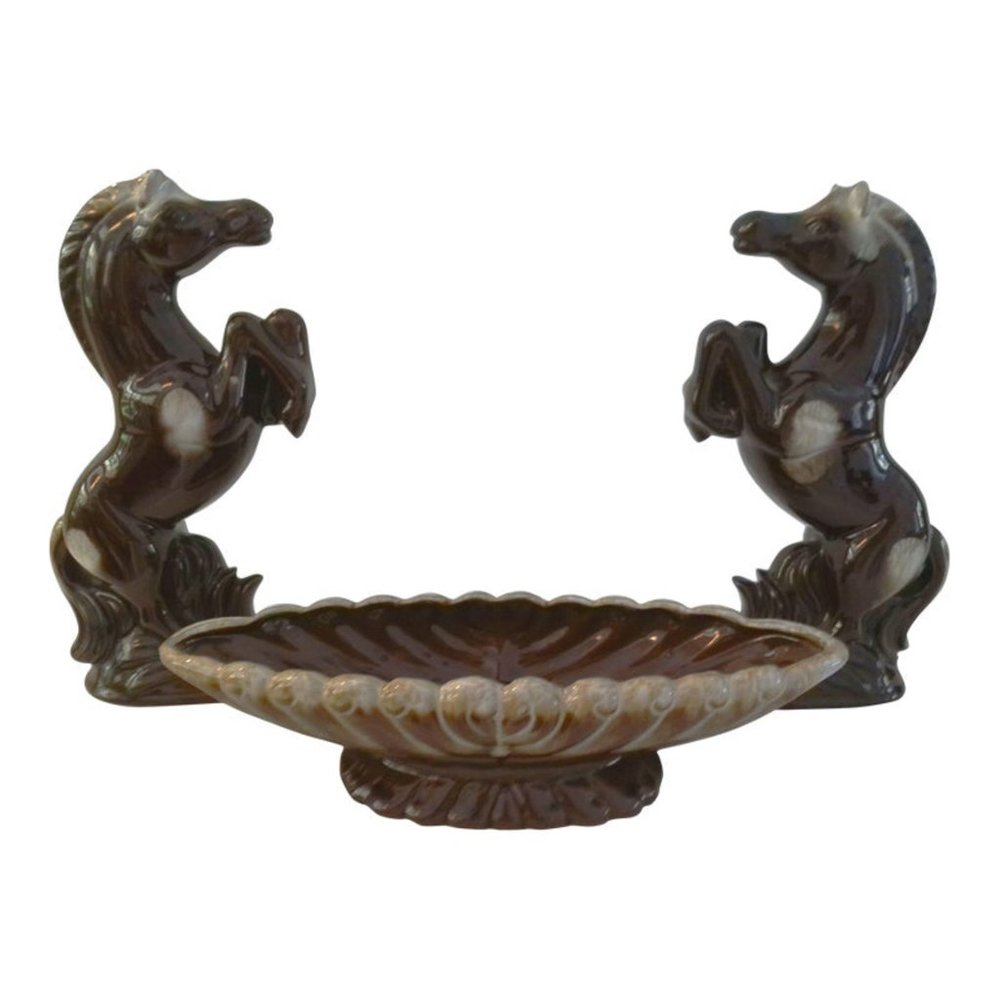 Mid-Century Drip Glaze Ceramic Stallion Console Set, 3 Pcs